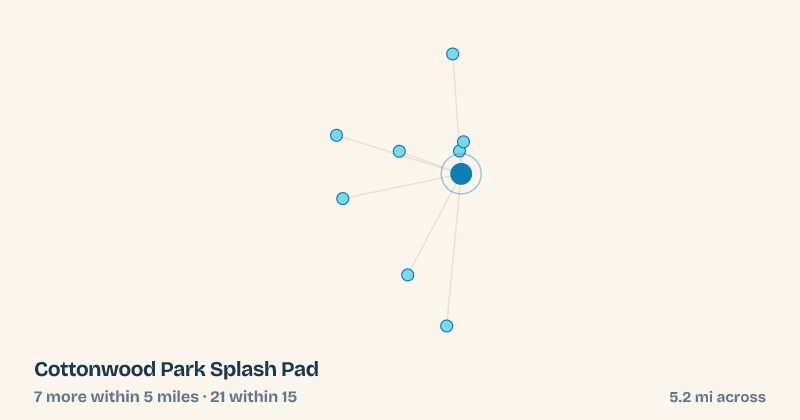 Map of Cottonwood Park Splash Pad and the 21 other splash pads within 15 miles