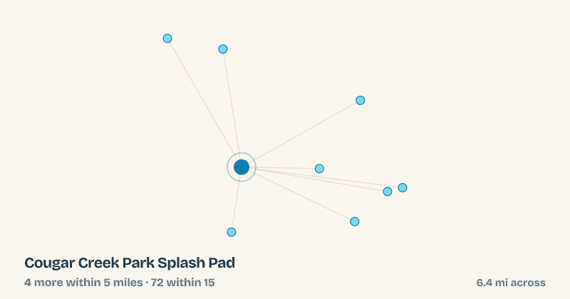 Map of Cougar Creek Park Splash Pad and the 72 other splash pads within 15 miles