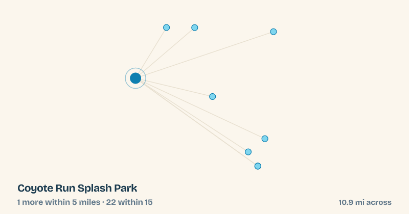 Map of Coyote Run Splash Park and the 22 other splash pads within 15 miles
