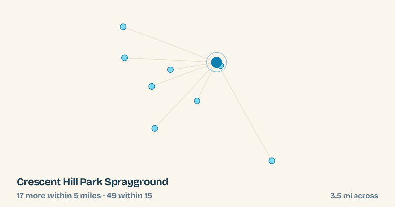 Map of Crescent Hill Park Sprayground and the 49 other splash pads within 15 miles