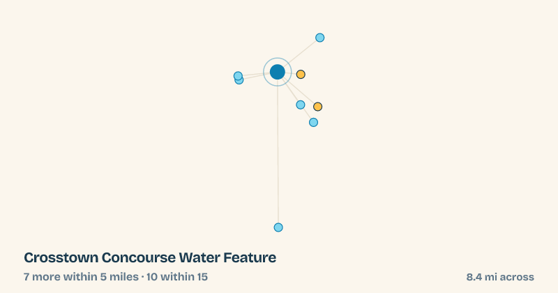 Map of Crosstown Concourse Water Feature and the 10 other splash pads within 15 miles