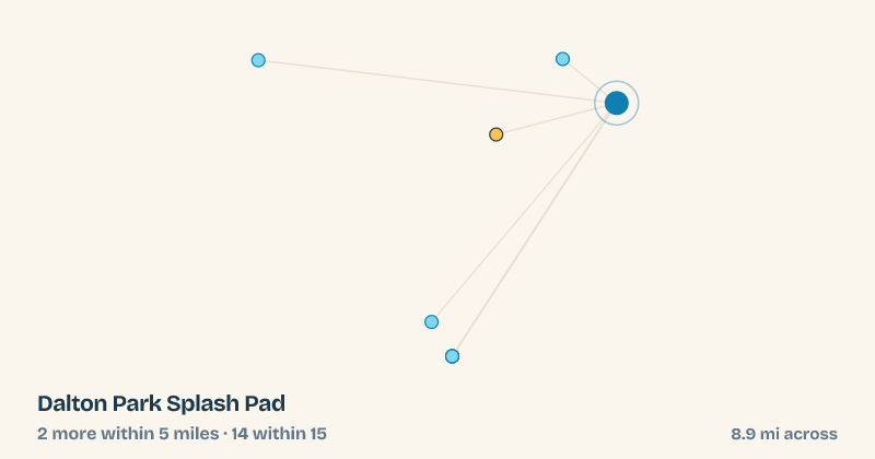 Map of Dalton Park Splash Pad and the 14 other splash pads within 15 miles
