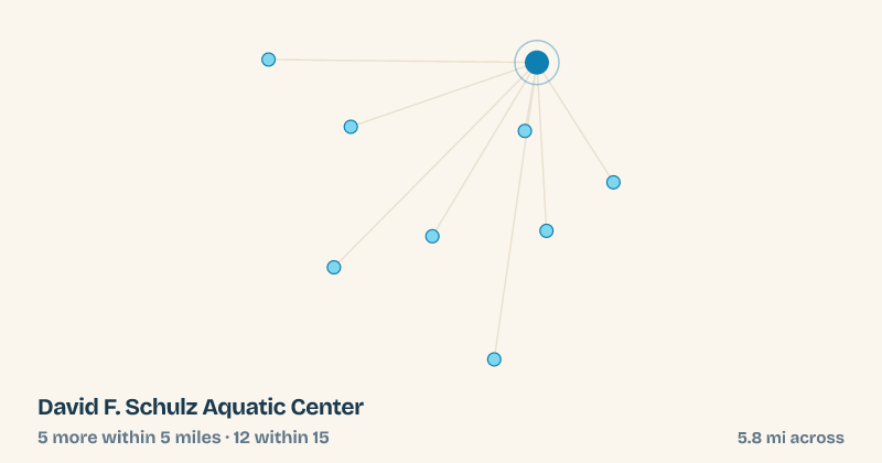 Map of David F. Schulz Aquatic Center and the 12 other splash pads within 15 miles