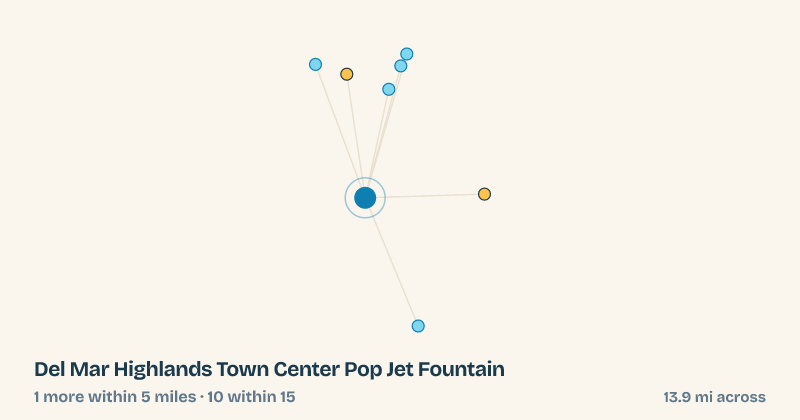 Map of Del Mar Highlands Town Center Pop Jet Fountain and the 10 other splash pads within 15 miles