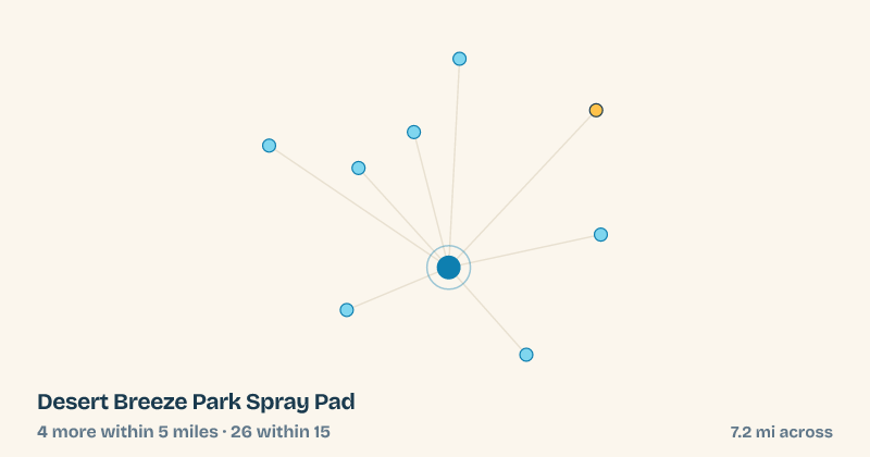 Map of Desert Breeze Park Spray Pad and the 26 other splash pads within 15 miles