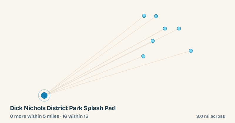 Map of Dick Nichols District Park Splash Pad and the 16 other splash pads within 15 miles