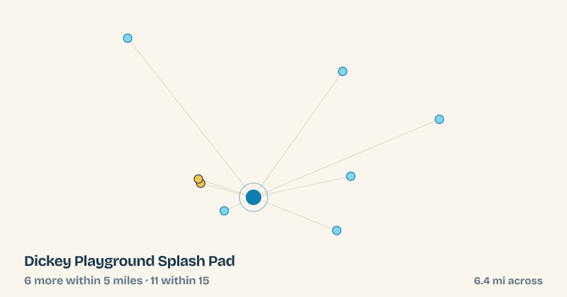 Map of Dickey Playground Splash Pad and the 11 other splash pads within 15 miles