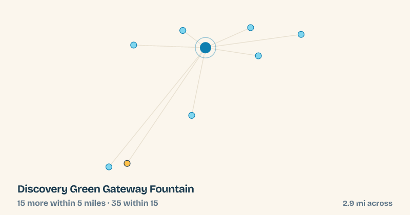 Map of Discovery Green Gateway Fountain and the 35 other splash pads within 15 miles