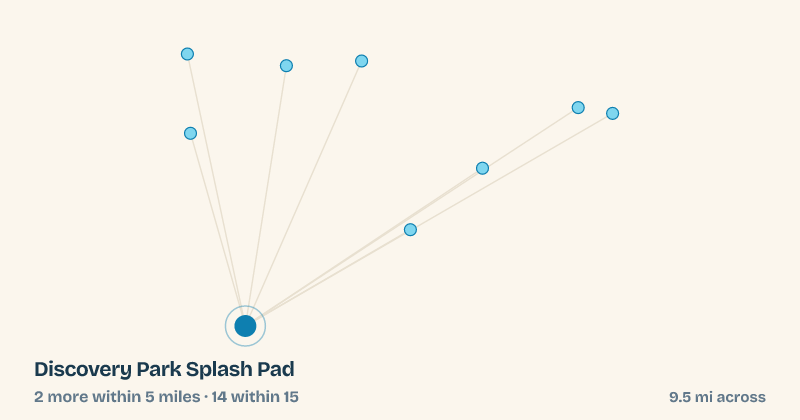 Map of Discovery Park Splash Pad and the 14 other splash pads within 15 miles