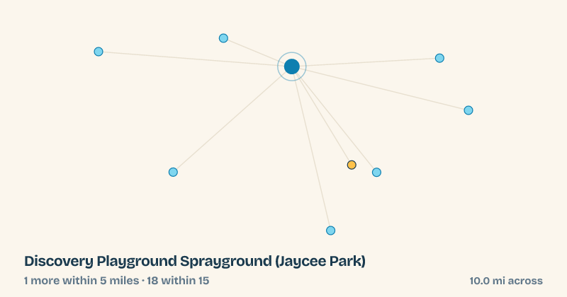Map of Discovery Playground Sprayground (Jaycee Park) and the 18 other splash pads within 15 miles
