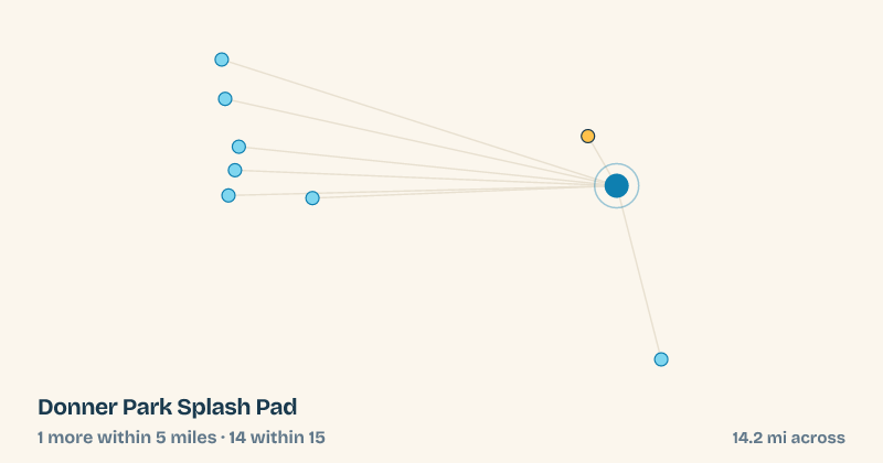 Map of Donner Park Splash Pad and the 14 other splash pads within 15 miles