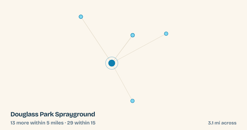 Map of Douglass Park Sprayground and the 29 other splash pads within 15 miles