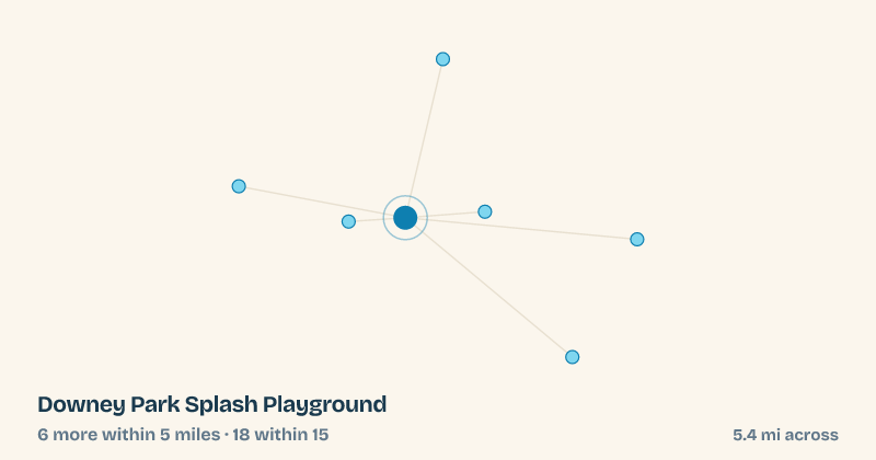 Map of Downey Park Splash Playground and the 18 other splash pads within 15 miles