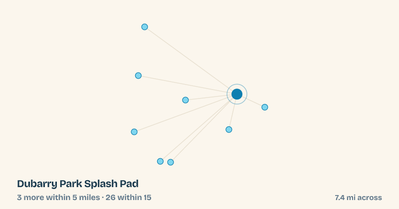 Map of Dubarry Park Splash Pad and the 26 other splash pads within 15 miles