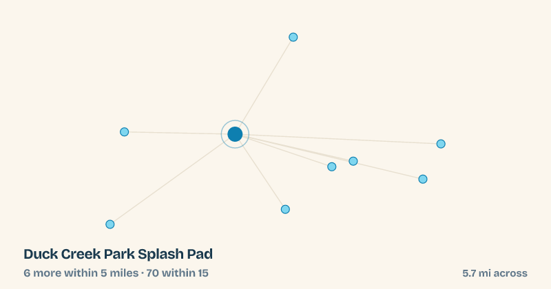 Map of Duck Creek Park Splash Pad and the 70 other splash pads within 15 miles