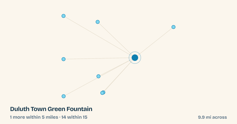 Map of Duluth Town Green Fountain and the 14 other splash pads within 15 miles