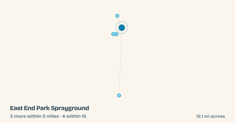 Map of East End Park Sprayground and the 4 other splash pads within 15 miles