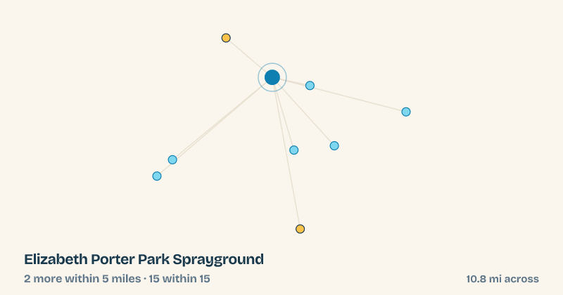 Map of Elizabeth Porter Park Sprayground and the 15 other splash pads within 15 miles