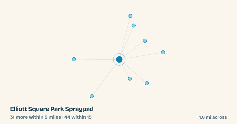Map of Elliott Square Park Spraypad and the 44 other splash pads within 15 miles