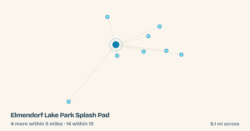 Map of Elmendorf Lake Park Splash Pad and the 14 other splash pads within 15 miles