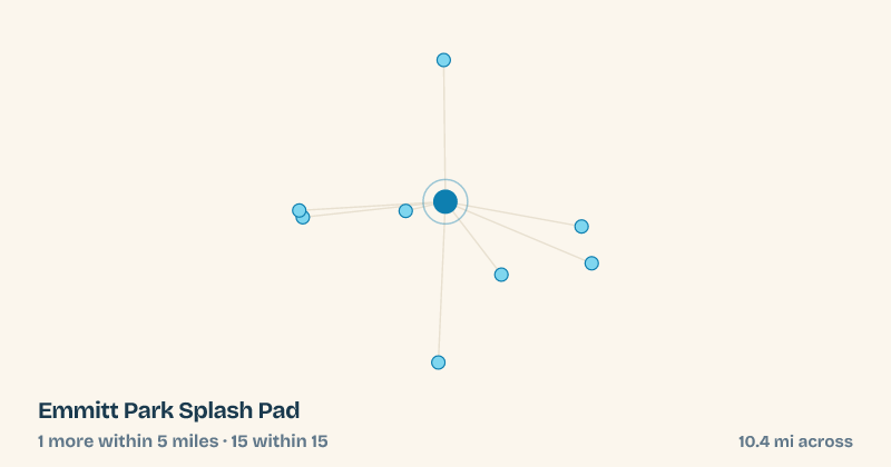 Map of Emmitt Park Splash Pad and the 15 other splash pads within 15 miles