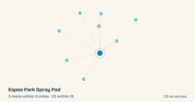 Map of Espee Park Spray Pad and the 22 other splash pads within 15 miles
