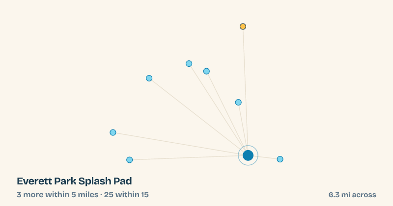 Map of Everett Park Splash Pad and the 25 other splash pads within 15 miles