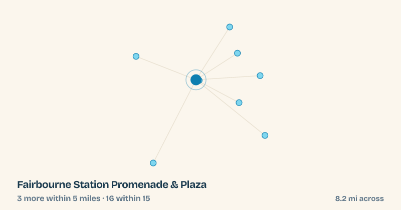 Map of Fairbourne Station Promenade & Plaza and the 16 other splash pads within 15 miles