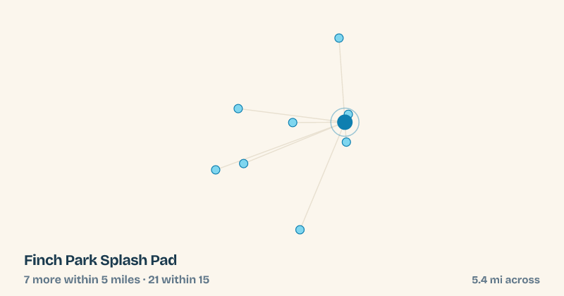Map of Finch Park Splash Pad and the 21 other splash pads within 15 miles