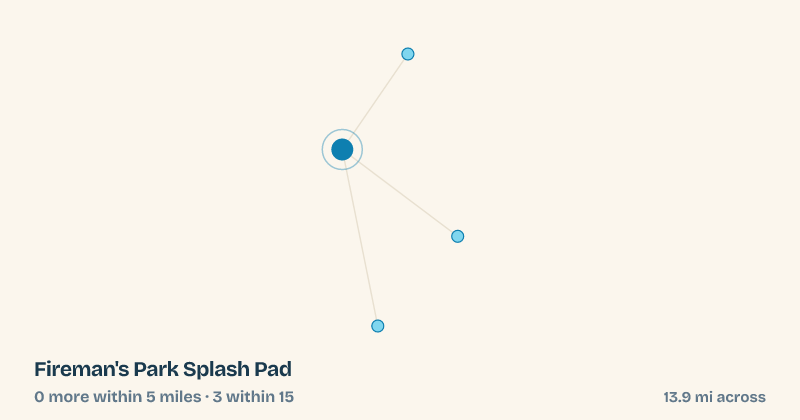 Map of Fireman's Park Splash Pad and the 3 other splash pads within 15 miles