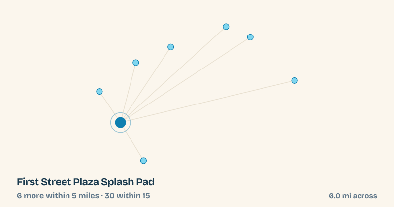 Map of First Street Plaza Splash Pad and the 30 other splash pads within 15 miles