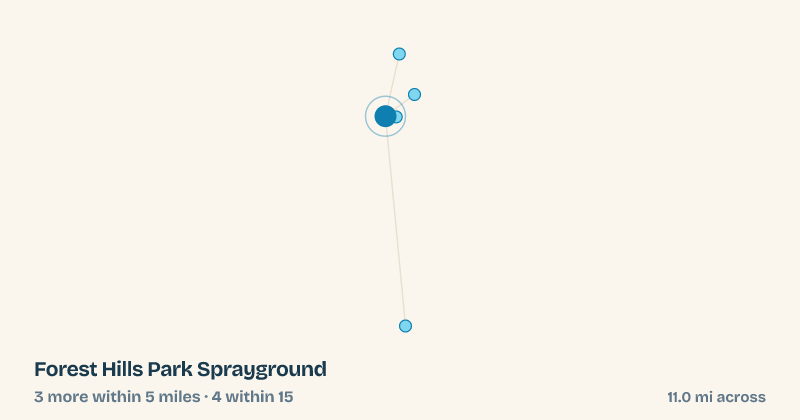 Map of Forest Hills Park Sprayground and the 4 other splash pads within 15 miles