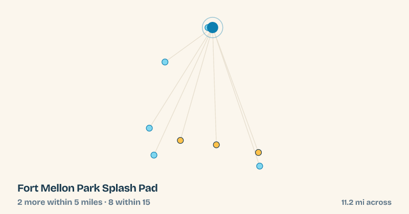 Map of Fort Mellon Park Splash Pad and the 8 other splash pads within 15 miles
