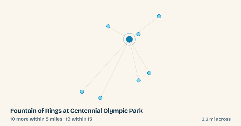 Map of Fountain of Rings at Centennial Olympic Park and the 19 other splash pads within 15 miles