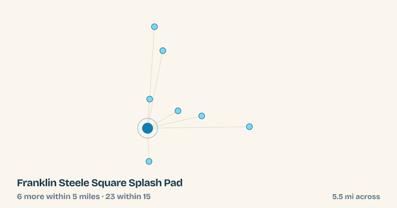 Map of Franklin Steele Square Splash Pad and the 23 other splash pads within 15 miles