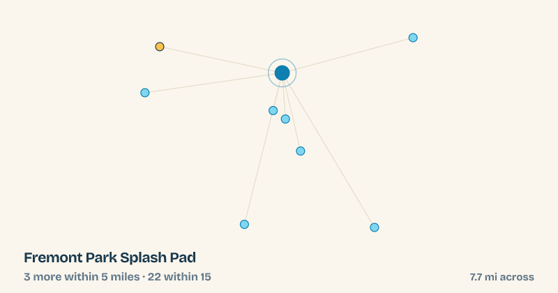 Map of Fremont Park Splash Pad and the 22 other splash pads within 15 miles