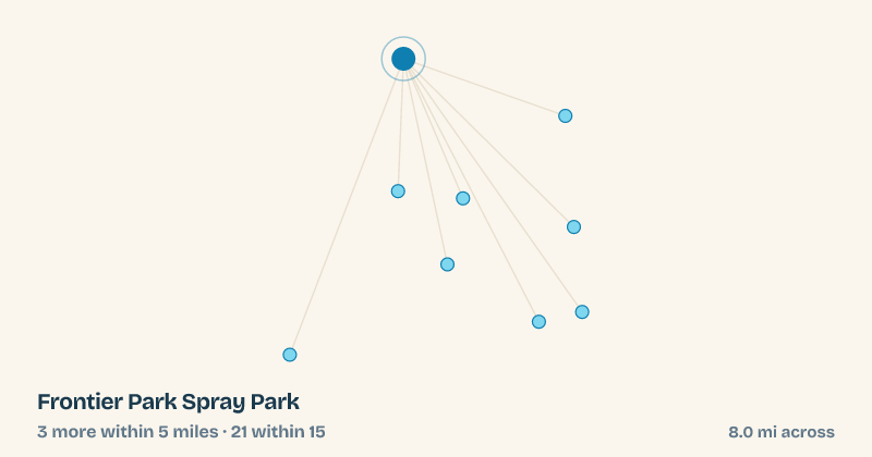 Map of Frontier Park Spray Park and the 21 other splash pads within 15 miles