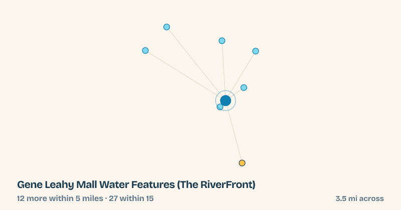 Map of Gene Leahy Mall Water Features (The RiverFront) and the 27 other splash pads within 15 miles