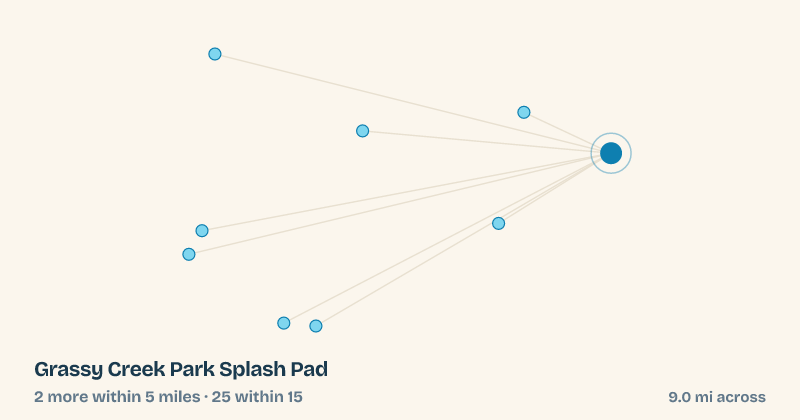 Map of Grassy Creek Park Splash Pad and the 25 other splash pads within 15 miles