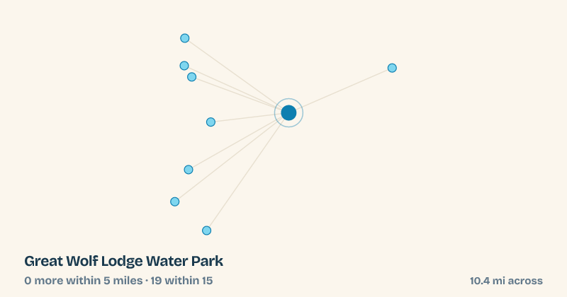 Map of Great Wolf Lodge Water Park and the 19 other splash pads within 15 miles