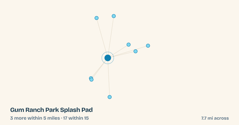 Map of Gum Ranch Park Splash Pad and the 17 other splash pads within 15 miles