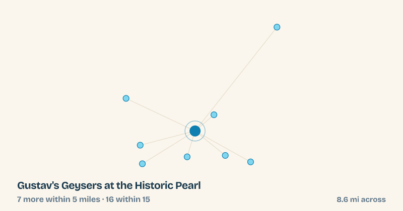 Map of Gustav's Geysers at the Historic Pearl and the 16 other splash pads within 15 miles