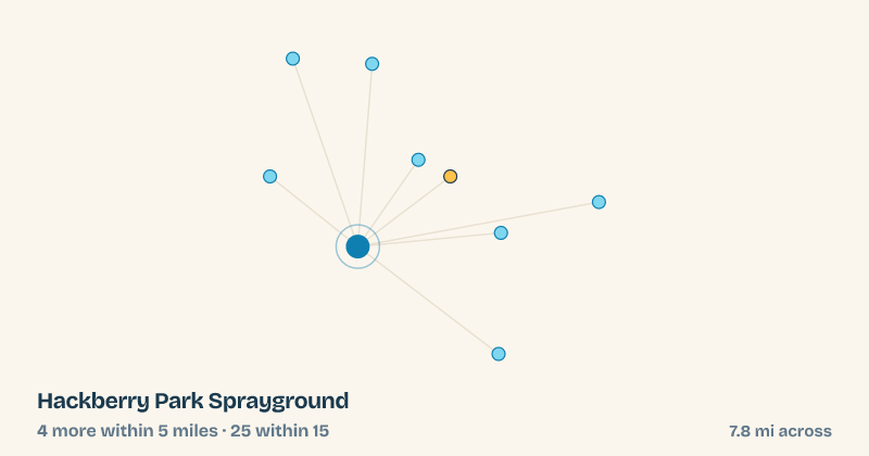Map of Hackberry Park Sprayground and the 25 other splash pads within 15 miles