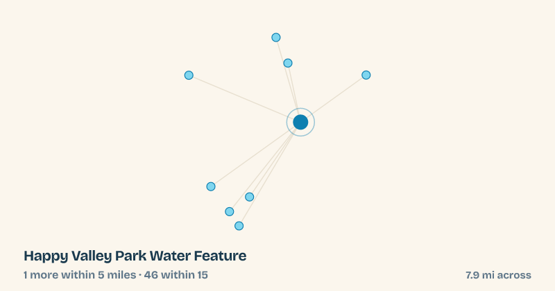 Map of Happy Valley Park Water Feature and the 46 other splash pads within 15 miles