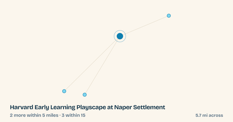 Map of Harvard Early Learning Playscape at Naper Settlement and the 3 other splash pads within 15 miles