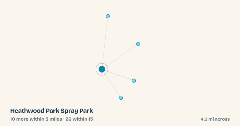 Map of Heathwood Park Spray Park and the 26 other splash pads within 15 miles