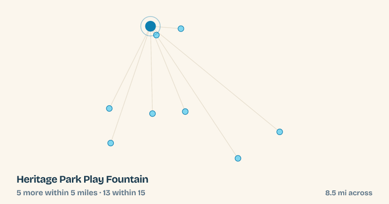 Map of Heritage Park Play Fountain and the 13 other splash pads within 15 miles