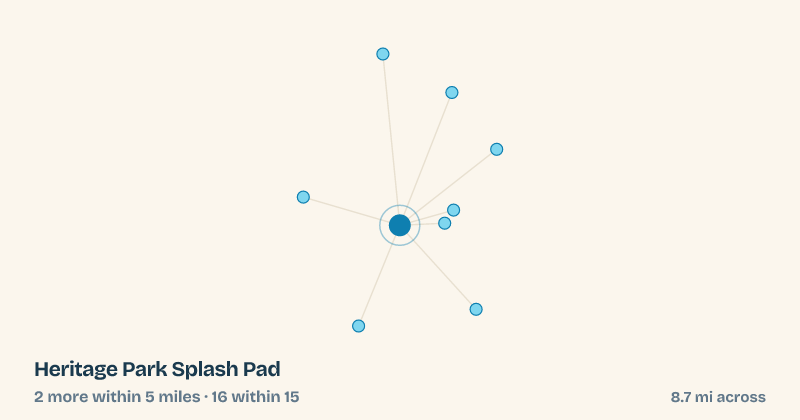 Map of Heritage Park Splash Pad and the 16 other splash pads within 15 miles