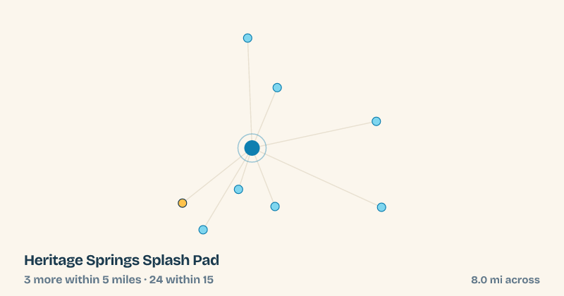 Map of Heritage Springs Splash Pad and the 24 other splash pads within 15 miles