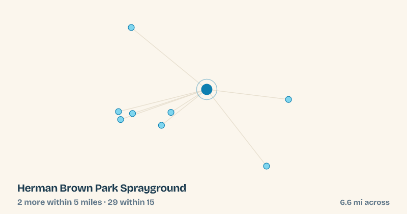 Map of Herman Brown Park Sprayground and the 29 other splash pads within 15 miles